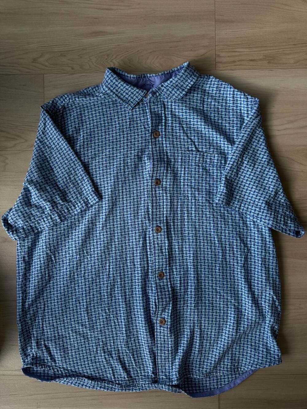 Tommy Bahama Blue Basketweave Geometric Print Silk Blend Short Sleeve Button Dow
